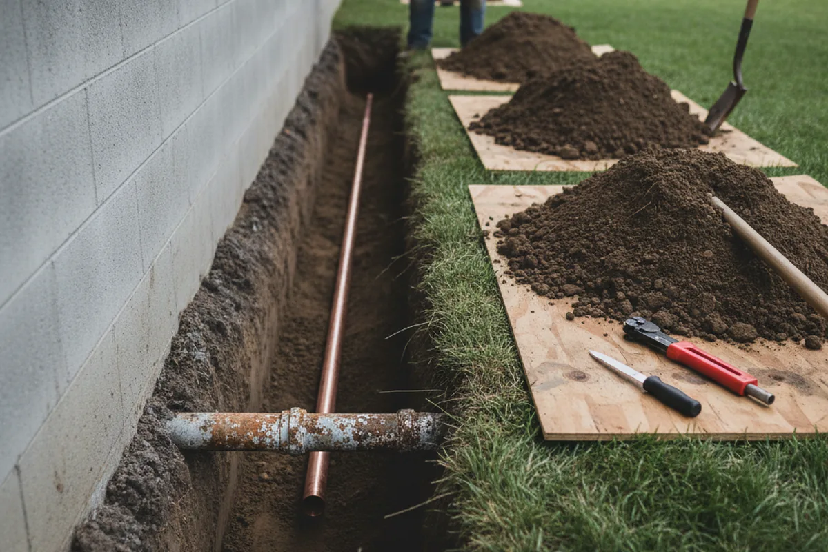Excavated water line trench during Water Heater Repair in The Plains